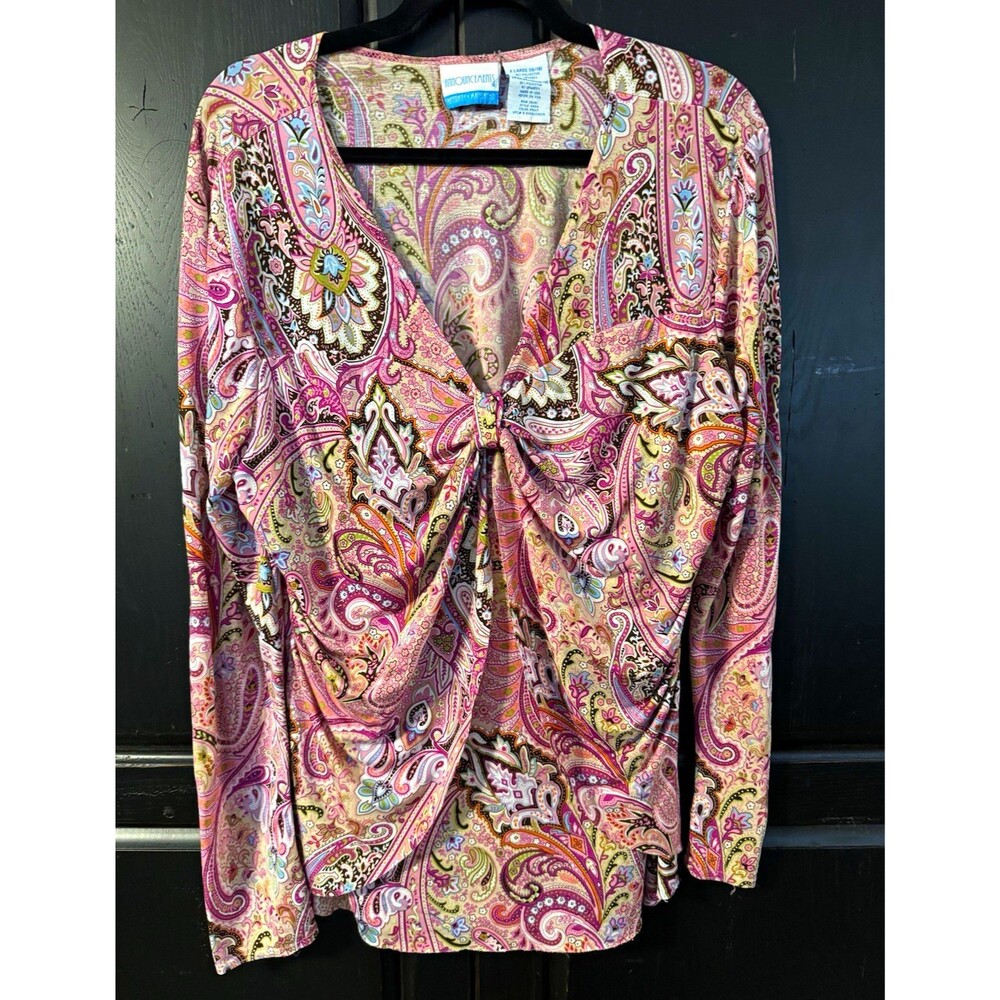 Announcements Pink Paisley Knit Ruched V-Neck Long Sleeve Stretch Blouse XL